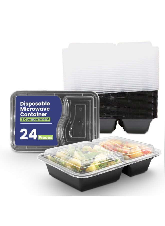 SNH Packing 24 Pieces Microwave Disposable Container With Lid Rectangular - 2 Compartment Meal Prep Container Set - Plastic Container For Kitchen Food Storage - Take Away Containers For Lunch Boxes - Image 1